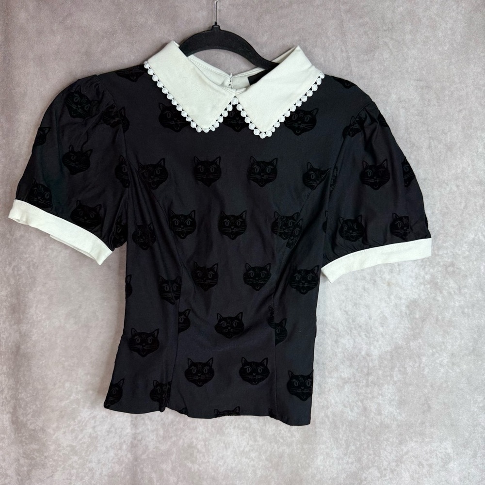 Collectif X ModCloth Velvet Cat Pointed Collar Goth Blouse In Black Size US 6